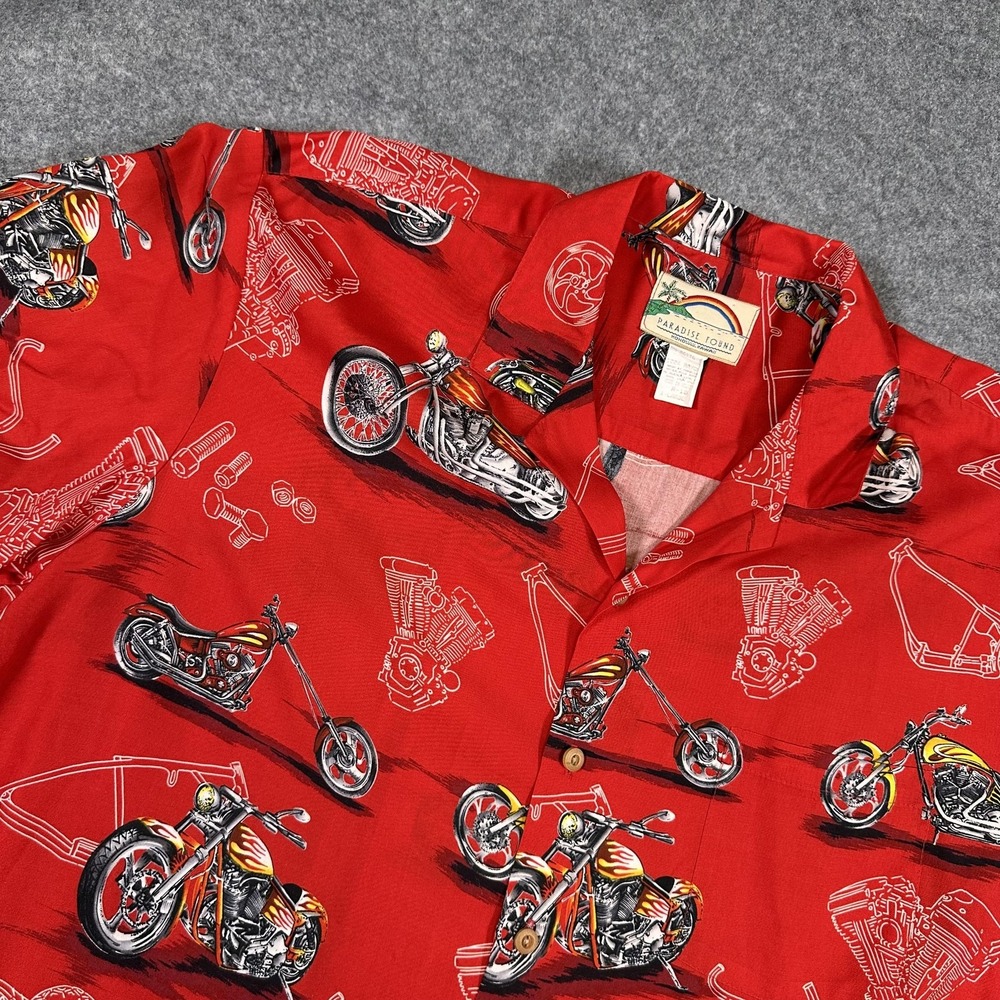 Paradise Found Shirt Mens XL Red Motorcycle Hawaiian Short Sleeve Button Up